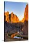 USA, Oregon, Bend. Smith Rock State Park, rock and reflections-Hollice Looney-Stretched Canvas