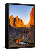 USA, Oregon, Bend. Smith Rock State Park, rock and reflections-Hollice Looney-Framed Stretched Canvas