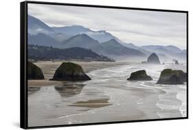 USA Oregon, Cannon Beach. Fog Rises over Coastline at Low Tide-Jean Carter-Framed Stretched Canvas