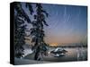 USA, Oregon, Crater Lake National Park. Star trails over Crater Lake and Wizard Island in winter.-Yuri Choufour-Stretched Canvas