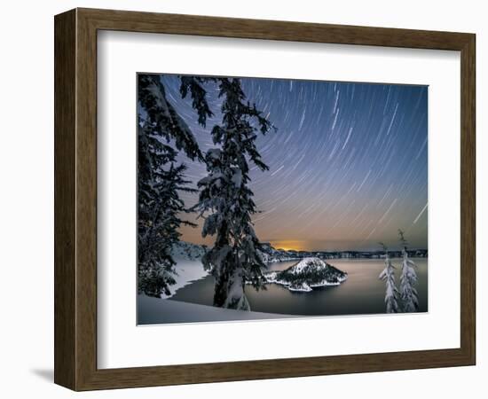 USA, Oregon, Crater Lake National Park. Star trails over Crater Lake and Wizard Island in winter.-Yuri Choufour-Framed Photographic Print