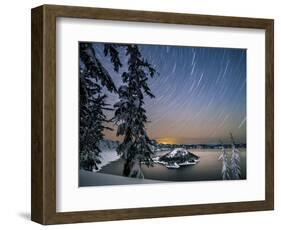 USA, Oregon, Crater Lake National Park. Star trails over Crater Lake and Wizard Island in winter.-Yuri Choufour-Framed Photographic Print