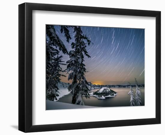 USA, Oregon, Crater Lake National Park. Star trails over Crater Lake and Wizard Island in winter.-Yuri Choufour-Framed Photographic Print