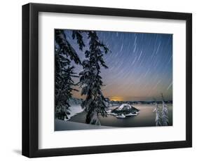 USA, Oregon, Crater Lake National Park. Star trails over Crater Lake and Wizard Island in winter.-Yuri Choufour-Framed Photographic Print