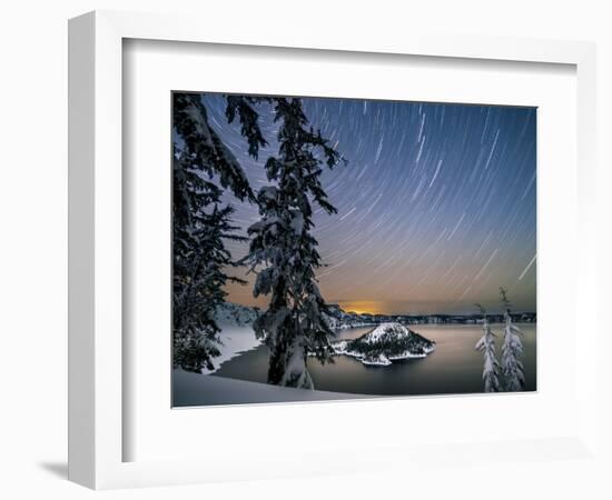 USA, Oregon, Crater Lake National Park. Star trails over Crater Lake and Wizard Island in winter.-Yuri Choufour-Framed Photographic Print