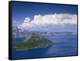 USA, Oregon. Crater Lake National Park, thunder clouds float over Wizard Island and Crater Lake.-John Barger-Framed Stretched Canvas