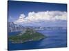 USA, Oregon. Crater Lake National Park, thunder clouds float over Wizard Island and Crater Lake.-John Barger-Stretched Canvas