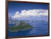 USA, Oregon. Crater Lake National Park, thunder clouds float over Wizard Island and Crater Lake.-John Barger-Framed Photographic Print