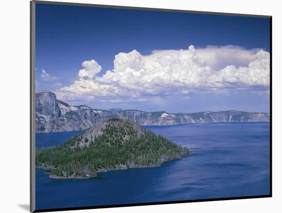 USA, Oregon. Crater Lake National Park, thunder clouds float over Wizard Island and Crater Lake.-John Barger-Mounted Photographic Print
