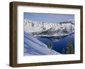 USA, Oregon, Crater Lake National Park. Winter snow on west rim of Crater Lake and Wizard Island.-John Barger-Framed Photographic Print