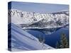USA, Oregon, Crater Lake National Park. Winter snow on west rim of Crater Lake and Wizard Island.-John Barger-Stretched Canvas