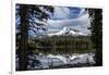 USA, Oregon, Deschutes National Forest. Broken Top framed by conifers and reflected by Sparks Lake.-Mark Williford-Framed Photographic Print