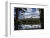 USA, Oregon, Deschutes National Forest. Broken Top framed by conifers and reflected by Sparks Lake.-Mark Williford-Framed Photographic Print