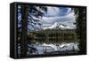 USA, Oregon, Deschutes National Forest. Broken Top framed by conifers and reflected by Sparks Lake.-Mark Williford-Framed Stretched Canvas