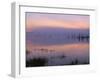 USA, Oregon. Deschutes National Forest, pastel sky at dawn and fog over Crane Prairie Reservoir.-John Barger-Framed Photographic Print