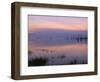 USA, Oregon. Deschutes National Forest, pastel sky at dawn and fog over Crane Prairie Reservoir.-John Barger-Framed Photographic Print