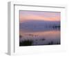 USA, Oregon. Deschutes National Forest, pastel sky at dawn and fog over Crane Prairie Reservoir.-John Barger-Framed Photographic Print