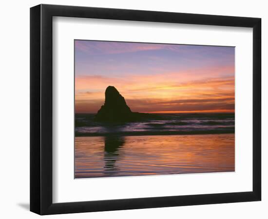 USA, Oregon. Ecola State Park, sunset over sea stack at Indian Beach.-John Barger-Framed Photographic Print