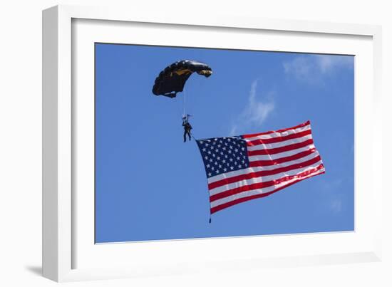 USA, Oregon, Hillsboro, Skydiver with is parachute deployed-Rick A Brown-Framed Photographic Print