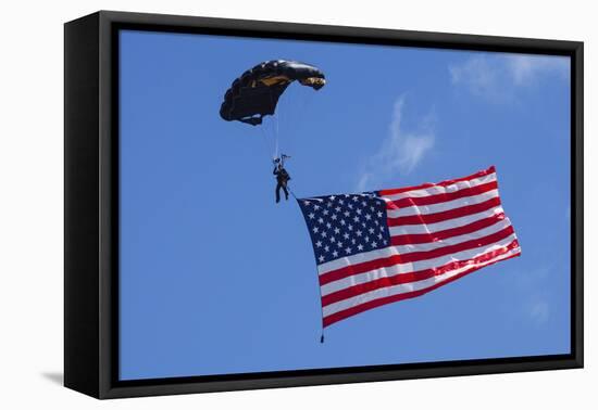 USA, Oregon, Hillsboro, Skydiver with is parachute deployed-Rick A Brown-Framed Stretched Canvas