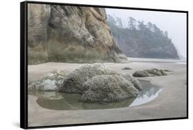 USA, Oregon. Hug Point State Park, foggy beach.-Rob Tilley-Framed Stretched Canvas