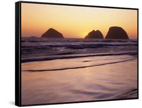 USA, Oregon, Oceanside Beach State Wayside. Sunset over Three Arch Rocks.-John Barger-Framed Stretched Canvas