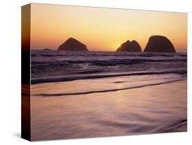 USA, Oregon, Oceanside Beach State Wayside. Sunset over Three Arch Rocks.-John Barger-Stretched Canvas