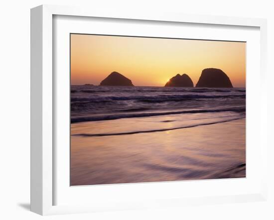 USA, Oregon, Oceanside Beach State Wayside. Sunset over Three Arch Rocks.-John Barger-Framed Premium Photographic Print