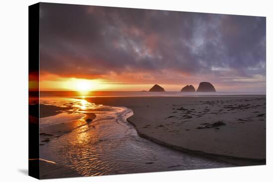 USA, Oregon, Oceanside. Sunset on Three Arch Rocks-Steve Terrill-Stretched Canvas