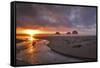 USA, Oregon, Oceanside. Sunset on Three Arch Rocks-Steve Terrill-Framed Stretched Canvas