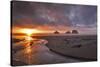 USA, Oregon, Oceanside. Sunset on Three Arch Rocks-Steve Terrill-Stretched Canvas