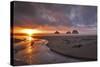 USA, Oregon, Oceanside. Sunset on Three Arch Rocks-Steve Terrill-Stretched Canvas