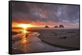 USA, Oregon, Oceanside. Sunset on Three Arch Rocks-Steve Terrill-Framed Stretched Canvas