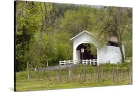 USA, Oregon, Philomath. Harris Bridge Vineyard by the Covered Bridge-Janis Miglavs-Stretched Canvas
