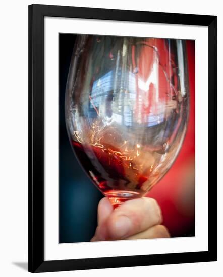 USA, Oregon, Portland. A swirl of red wine in glass reflecting light.-Richard Duval-Framed Photographic Print