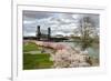 USA, Oregon, Portland. Cherry trees in bloom along Willamette River.-Jaynes Gallery-Framed Premium Photographic Print