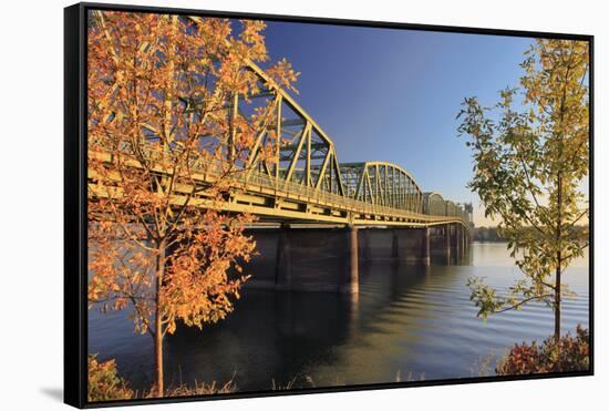 USA, Oregon, Portland. Interstate Bridge crossing Columbia River.-Jaynes Gallery-Framed Stretched Canvas