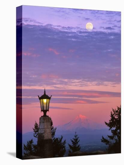 USA, Oregon, Portland. Mt. Hood with moonrise at sunset.-Jaynes Gallery-Stretched Canvas