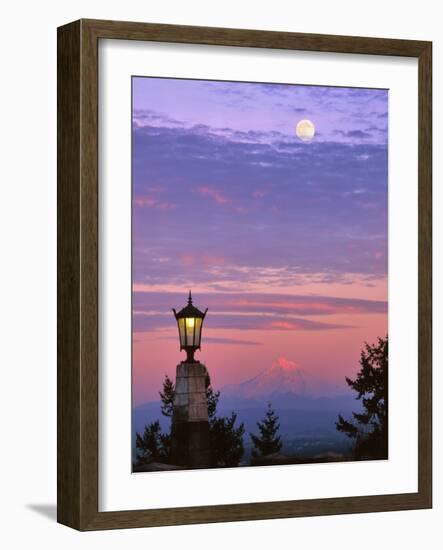 USA, Oregon, Portland. Mt. Hood with moonrise at sunset.-Jaynes Gallery-Framed Photographic Print