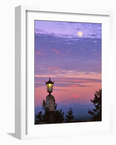 USA, Oregon, Portland. Mt. Hood with moonrise at sunset.-Jaynes Gallery-Framed Photographic Print