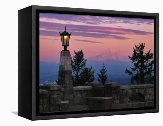 USA, Oregon, Portland. Mt. Hood with moonrise at sunset.-Jaynes Gallery-Framed Stretched Canvas