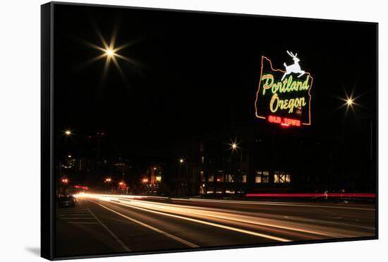 USA, Oregon, Portland. Neon sign in Old Town and traffic blur.-Jaynes Gallery-Framed Stretched Canvas