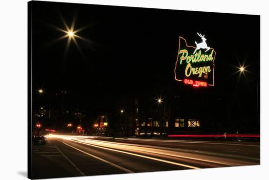 USA, Oregon, Portland. Neon sign in Old Town and traffic blur.-Jaynes Gallery-Stretched Canvas