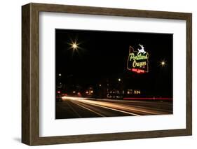 USA, Oregon, Portland. Neon sign in Old Town and traffic blur.-Jaynes Gallery-Framed Photographic Print