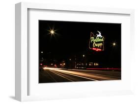 USA, Oregon, Portland. Neon sign in Old Town and traffic blur.-Jaynes Gallery-Framed Photographic Print