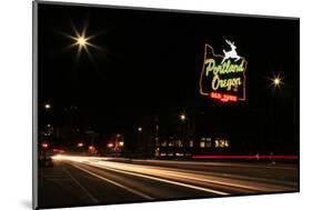 USA, Oregon, Portland. Neon sign in Old Town and traffic blur.-Jaynes Gallery-Mounted Photographic Print