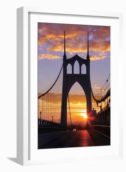 USA, Oregon, Portland. St. Johns Bridge at sunrise.-Jaynes Gallery-Framed Photographic Print