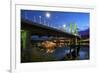 USA, Oregon, Portland. Tilikum Bridge Crossing and The Portland Spirit boat on Willamette River.-Jaynes Gallery-Framed Premium Photographic Print