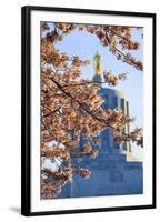 USA, Oregon, Salem, Capitol State Park, statue framed by Blossoms.-Rick A. Brown-Framed Photographic Print