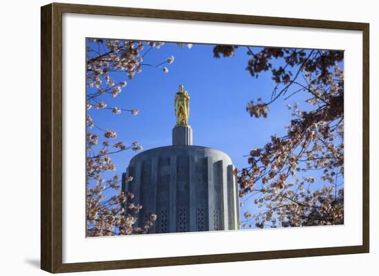 USA, Oregon, Salem, the Oregon State Capitol and Cherry Blossoms.-Rick A. Brown-Framed Photographic Print